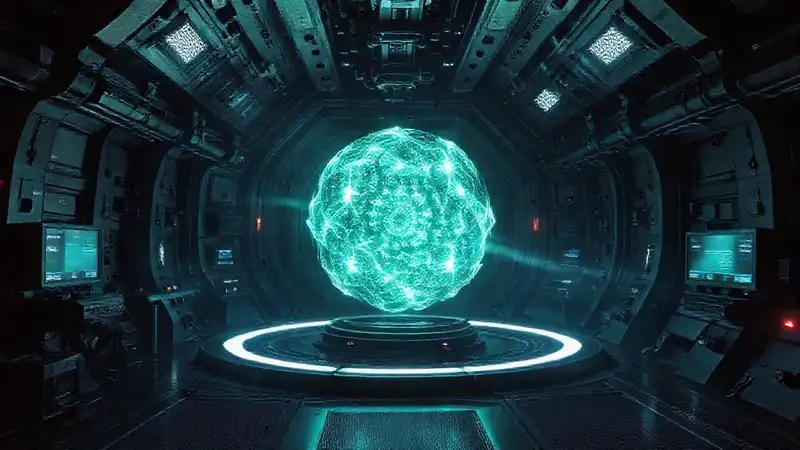 Esfera fractal luminosa en laboratorio futurista