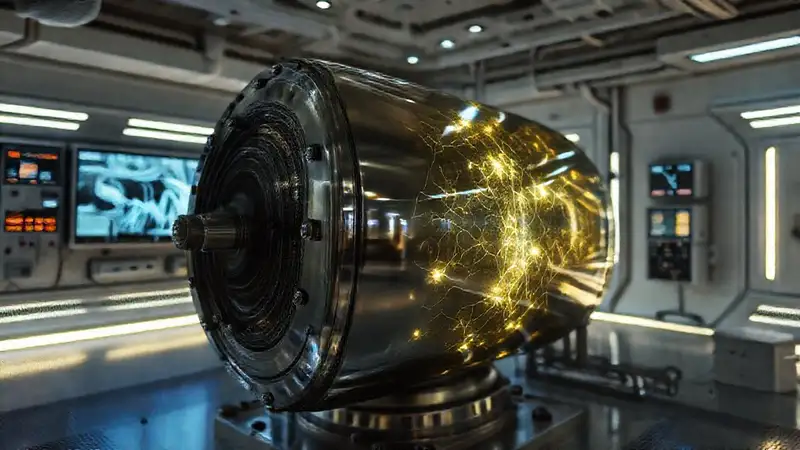 Cilindro metálico brillante en entorno científico