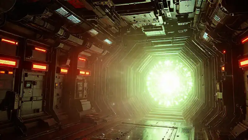 Estructura futurista con portal y vigilancia