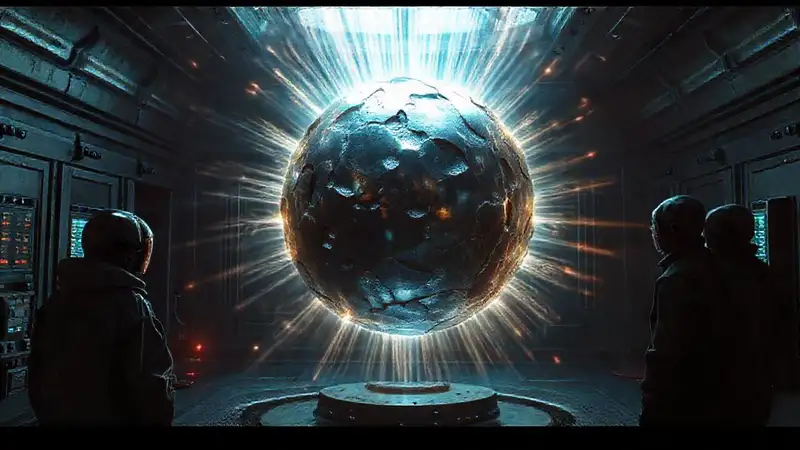 Esfera metálica irregular con energía luminosa peligrosa