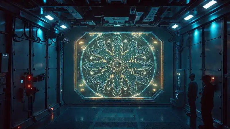 Sala de contención futurista con patrones fractales