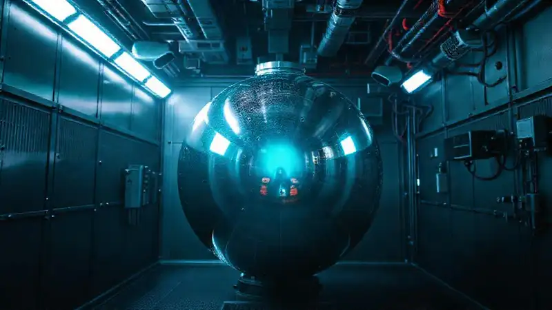 Esfera metálica luminosa en cámara futurista