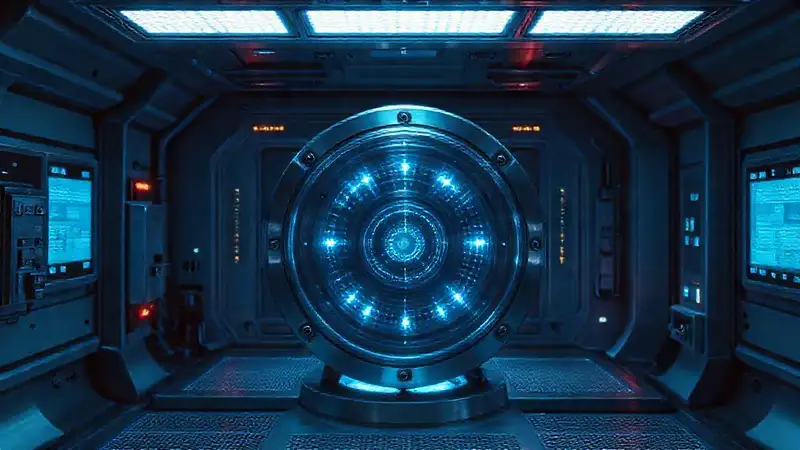 Dispositivo metálico en un laboratorio futurista