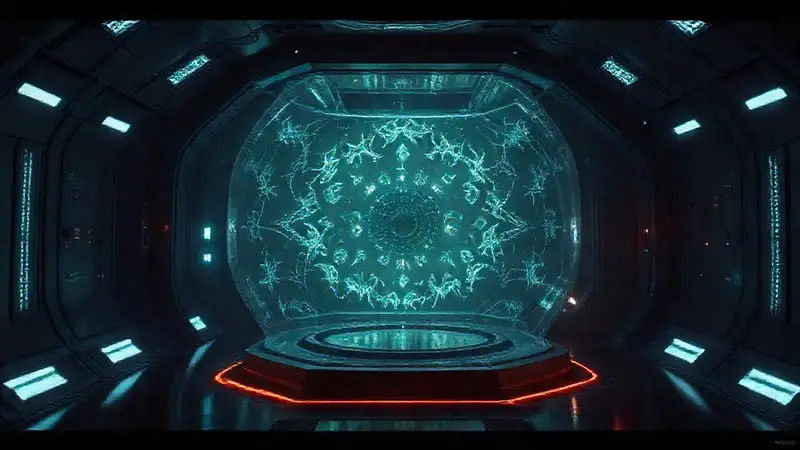 Cápsula futurista con patrones fractales luminosos
