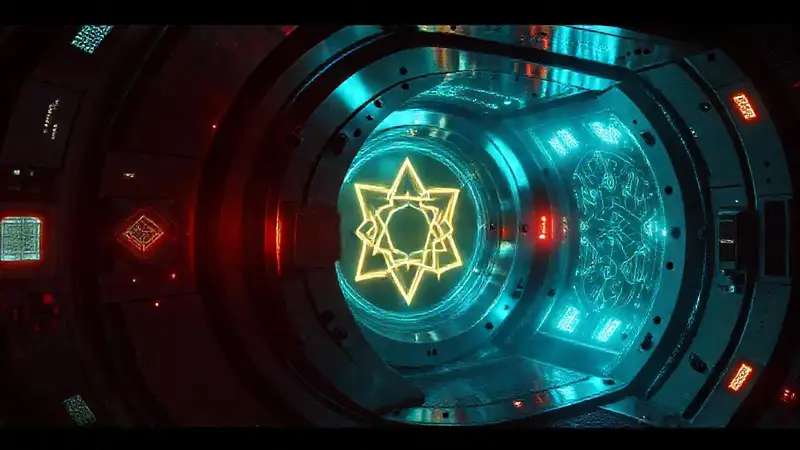 Cámara de titanio futurista con símbolos misteriosos