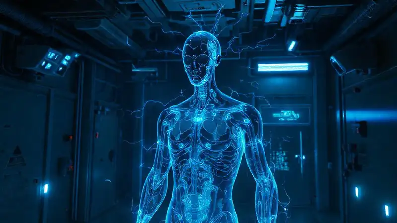 Figura humana luminosa en entorno futurista y misterioso