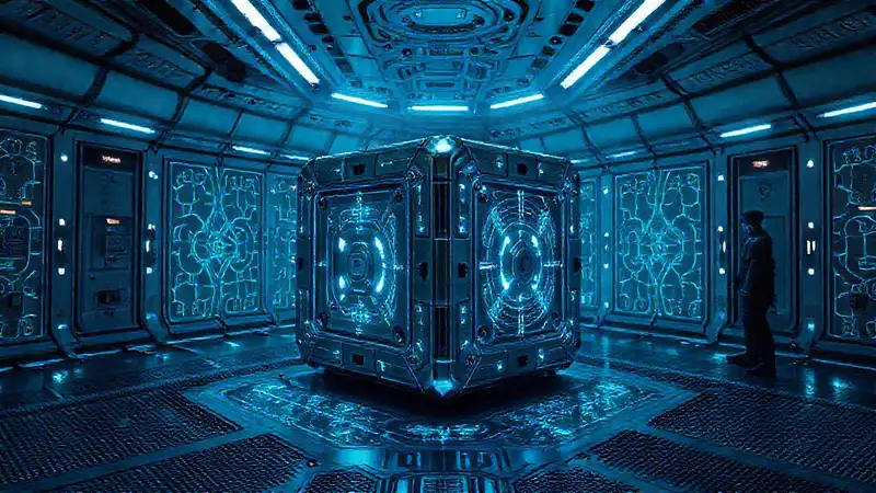 Instalación futurista con objeto metálico brillante