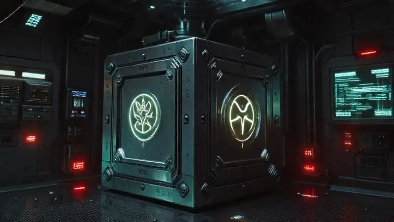 Cubo metálico con símbolos en una celda