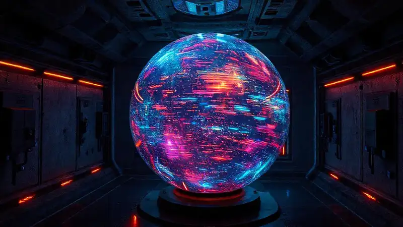 Esfera luminosa en entorno futurista y peligroso