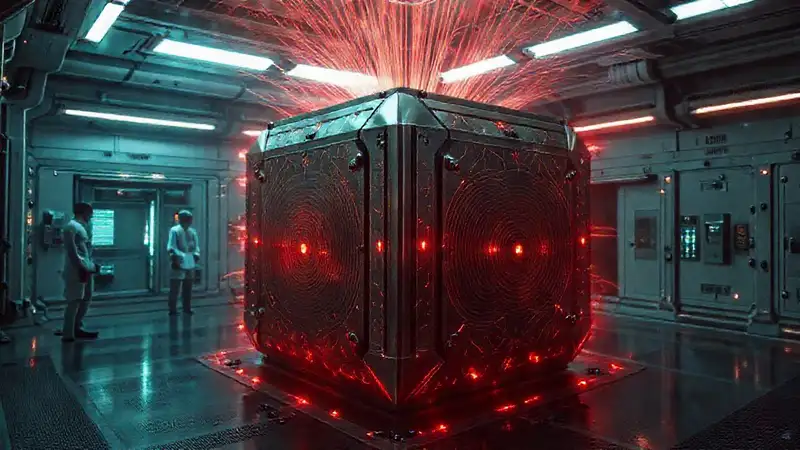 Cubo metálico misterioso en sala segura