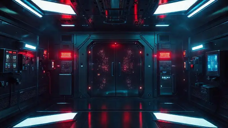 Cápsula futurista con distorsión tecnológica y peligro