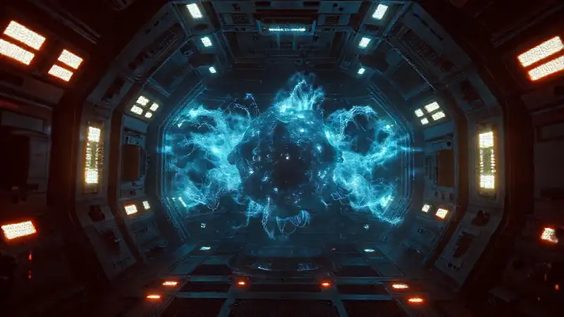 Cápsula futurista con energía y ambiente misterioso