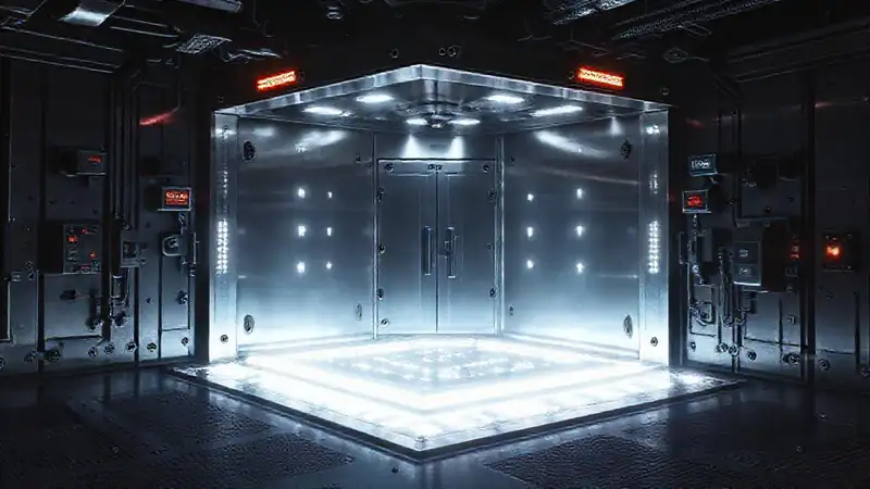 Cuarto de contención de titanio futurista y peligroso