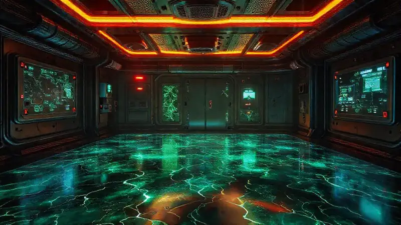 Habitación futurista con patrones y tecnología misteriosa