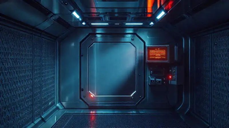 Cápsula futurista de contención metálica y tecnología