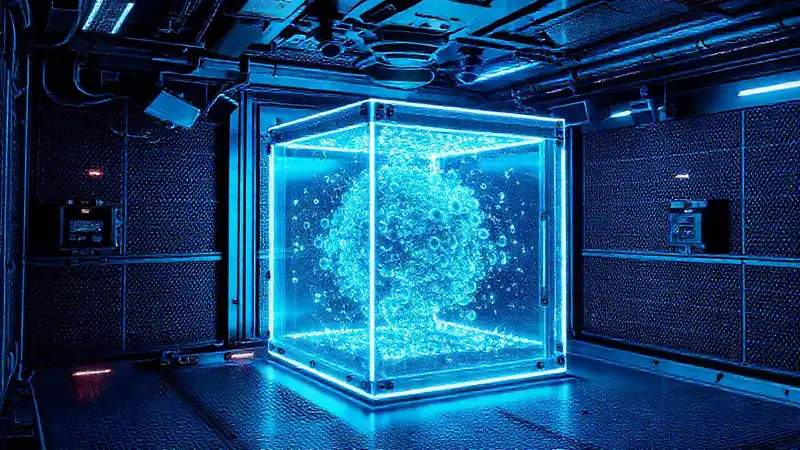 Cámara segura futurista con cubo brillante inestable