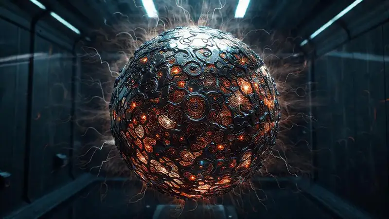 Esfera metálica brillante con patrones fractales misteriosos