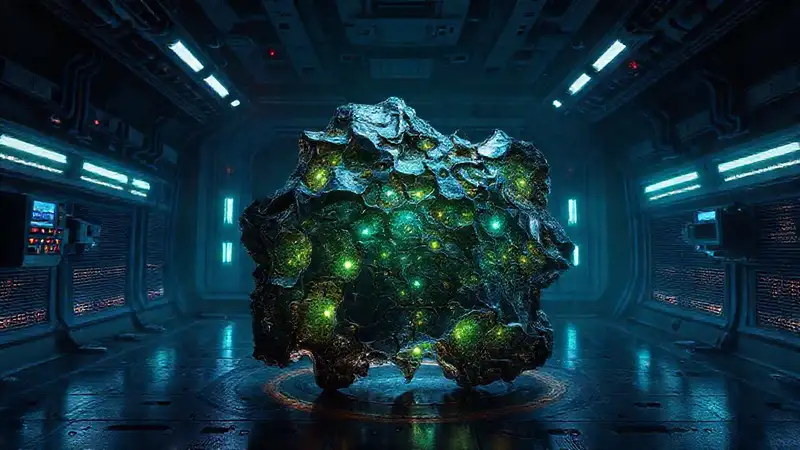 Fragmento metálico alienígena en contención futurista