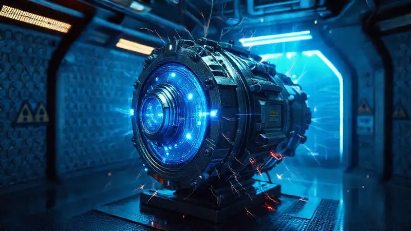 Artefacto metálico brillante en laboratorio futurista