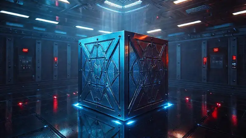 Cubo metálico en ambiente de alta tecnología
