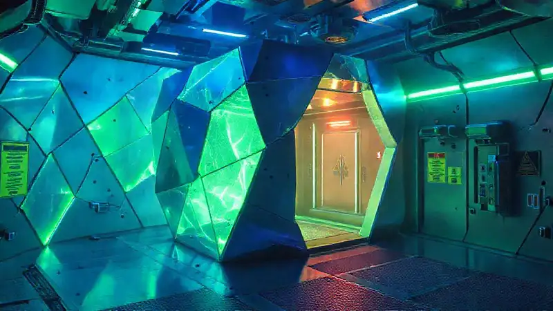 Estructura futurista, emisiones, cámaras y señales de cautela