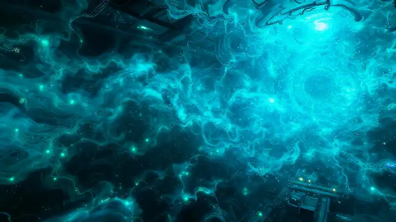 Campo energético azul con patrones fractales luminosos