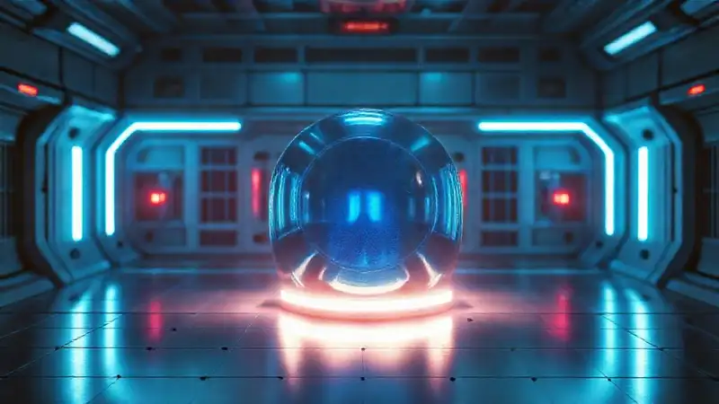 Objeto metálico iridiscente en entorno futurista