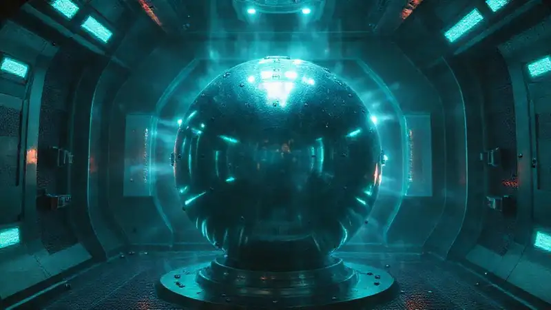 Esfera metálica misteriosa en contenedor futurista