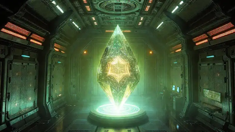 Cristal geométrico brillante en laboratorio futurista
