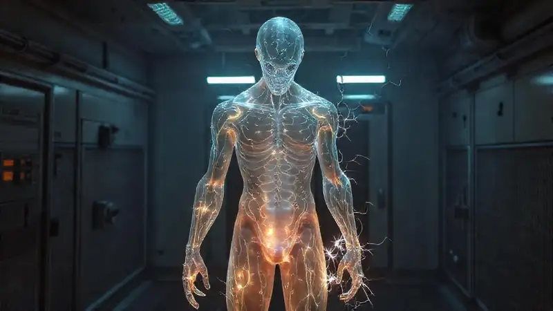 Forma humana translúcida con patrones luminiscentes
