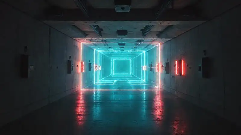 Espacio geométrico distorsionado en entorno futurista