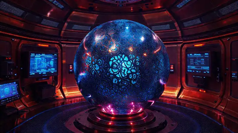 Esfera metálica misteriosa en cuarto de alta tecnología