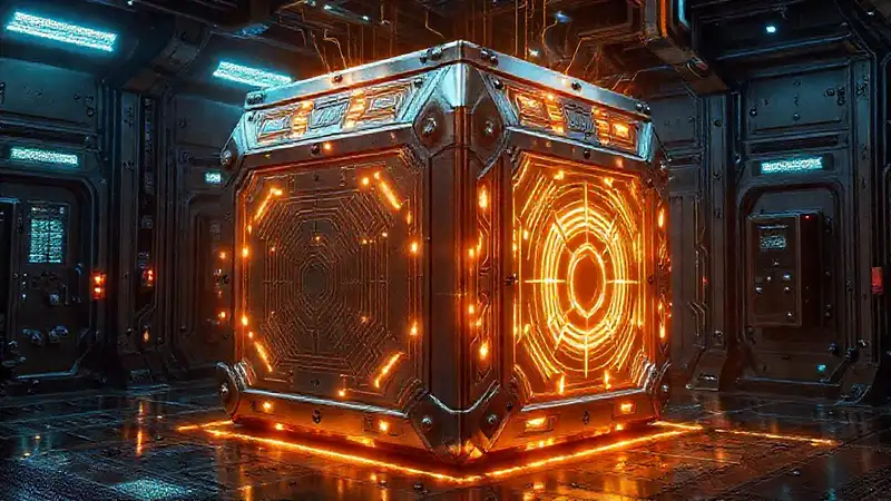 Cubo metálico futurista con patrones y seguridad