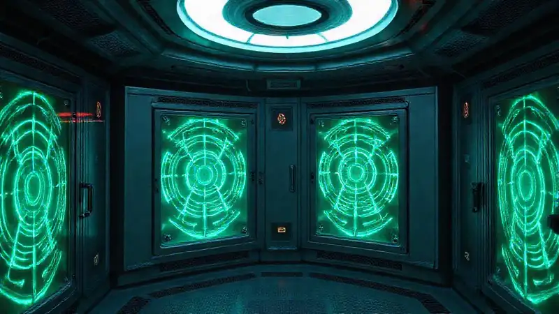 Sala futurista con energía psíquica y vigilancia
