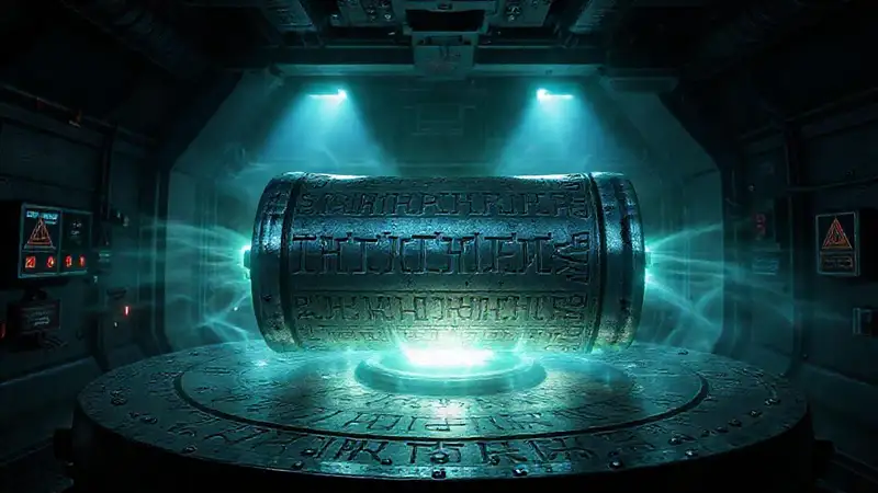 Objeto metálico con runas y energía misteriosa