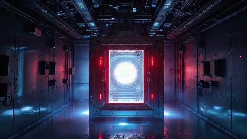 Estructura metálica energética en sala futurista