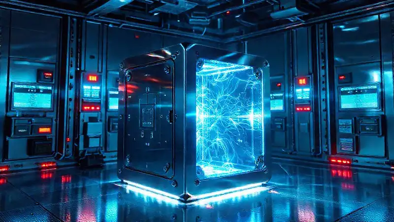Cubo metálico en una cámara futurista segura