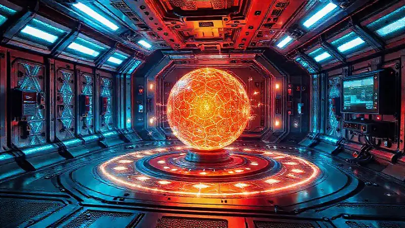 Cámara futurista con patrones y energía brillante
