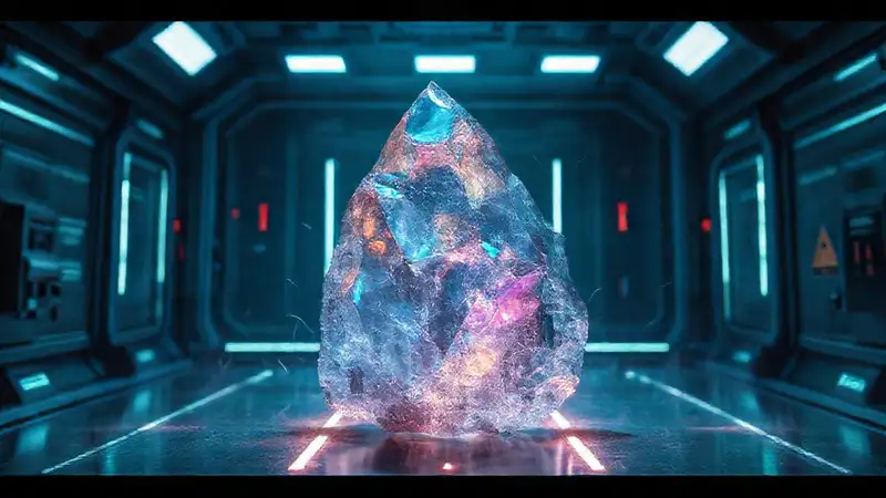 Fragmento de cristal iridiscente en laboratorio futurista