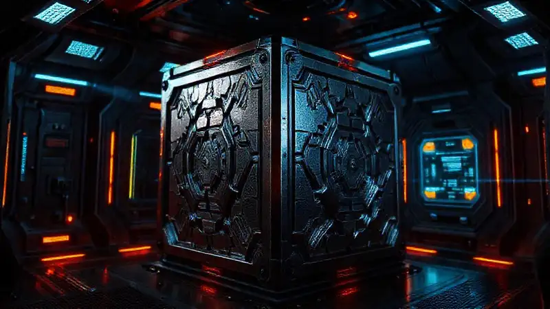 Cubo metálico misterioso en entorno futurista