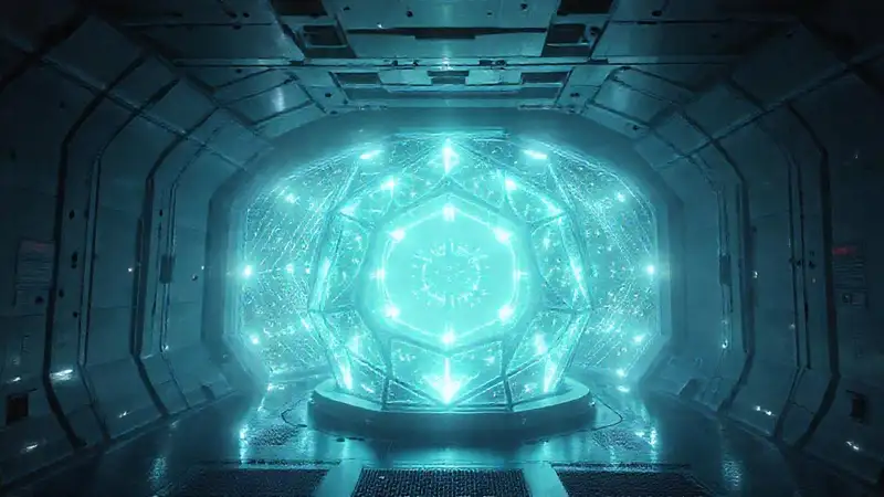 Cámara segura futurista con patrones luminosos y advertencias