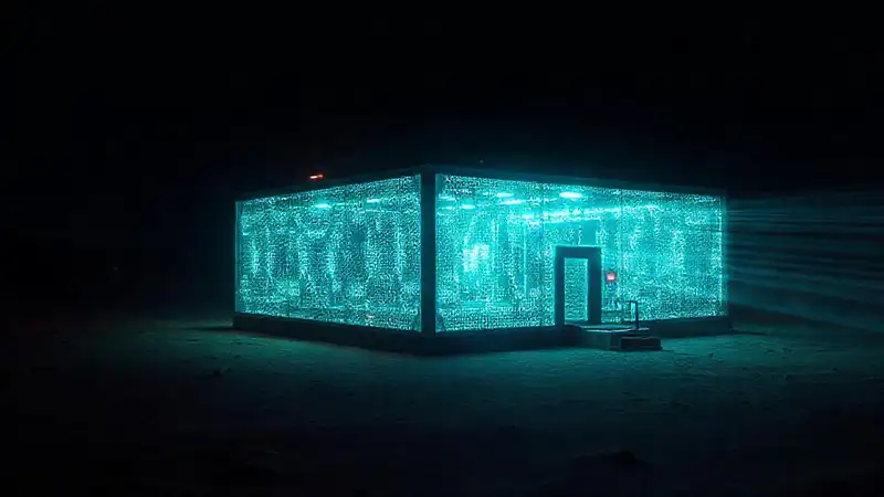Estructura misteriosa con luces y vigilancia futurista
