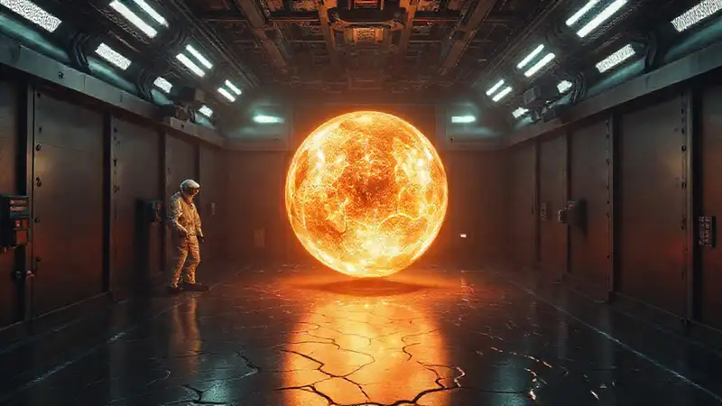 Esfera brillante en sala de alta tecnología