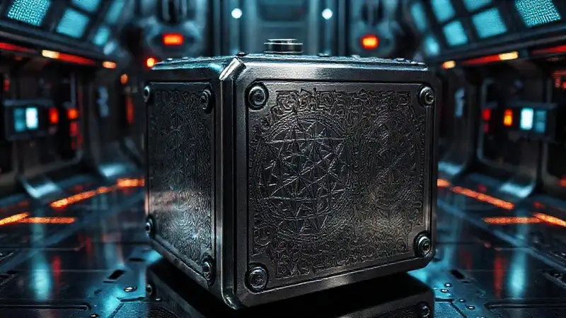 Cubo metálico futurista con grabados complejos