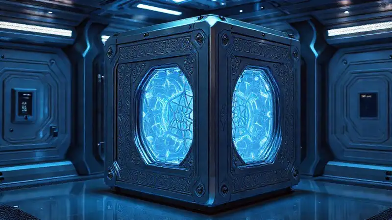 Cubo metálico futurista en cámara de alta seguridad