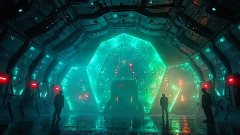 Estructura futurista y secreta con luces iridiscentes