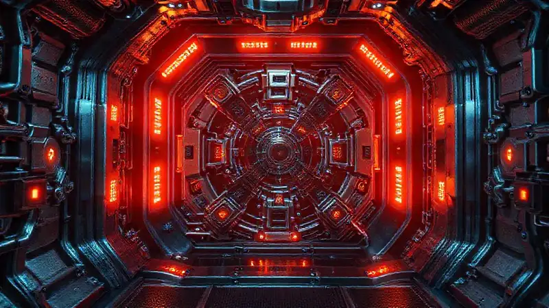 Estructura futurista con energía y peligro