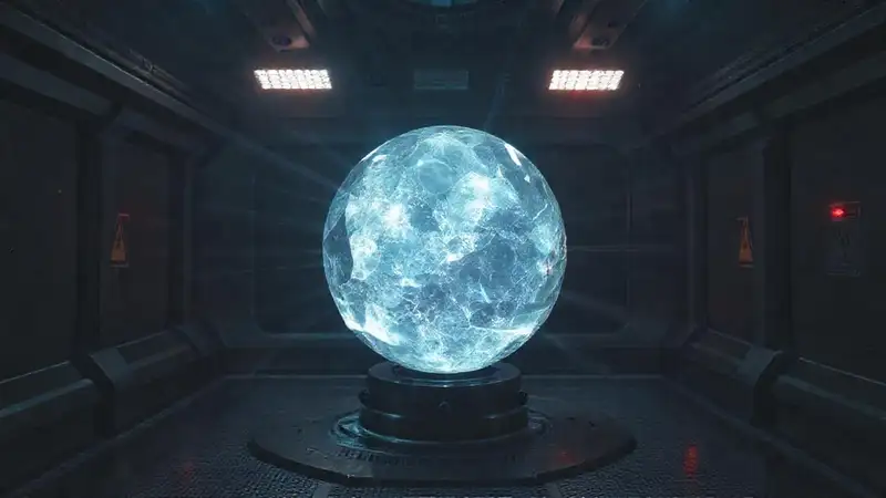 Esfera cristalina luminosa en cámara de alta tecnología
