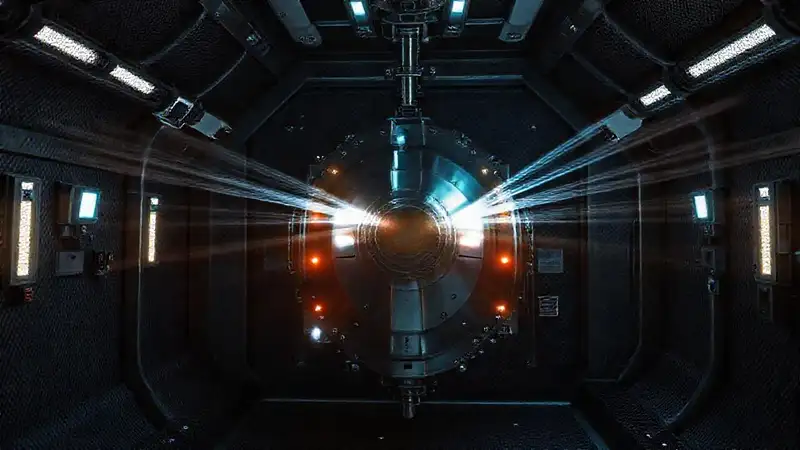 Laboratorio futurista con dispositivo metálico potente