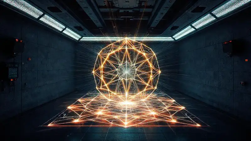 Laboratorio futurista con energía geométrica y seguridad